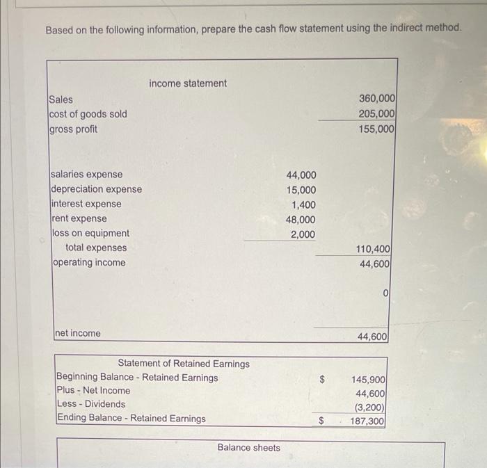 Based on the following information, prepare the cash flow statement using