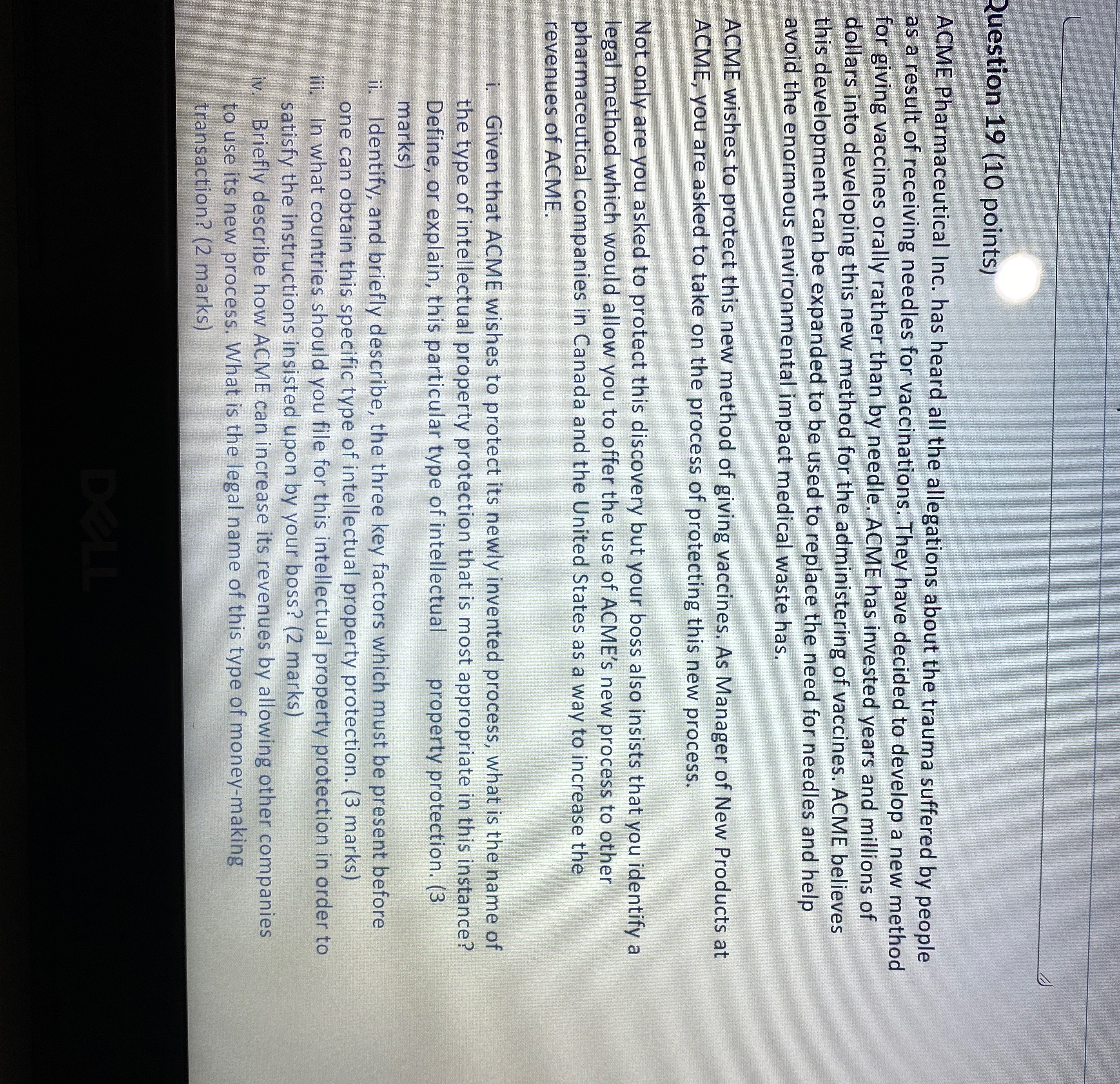 Answer these 4 questions please Question 19 (10 points) ACME Pharmaceutical Inc.