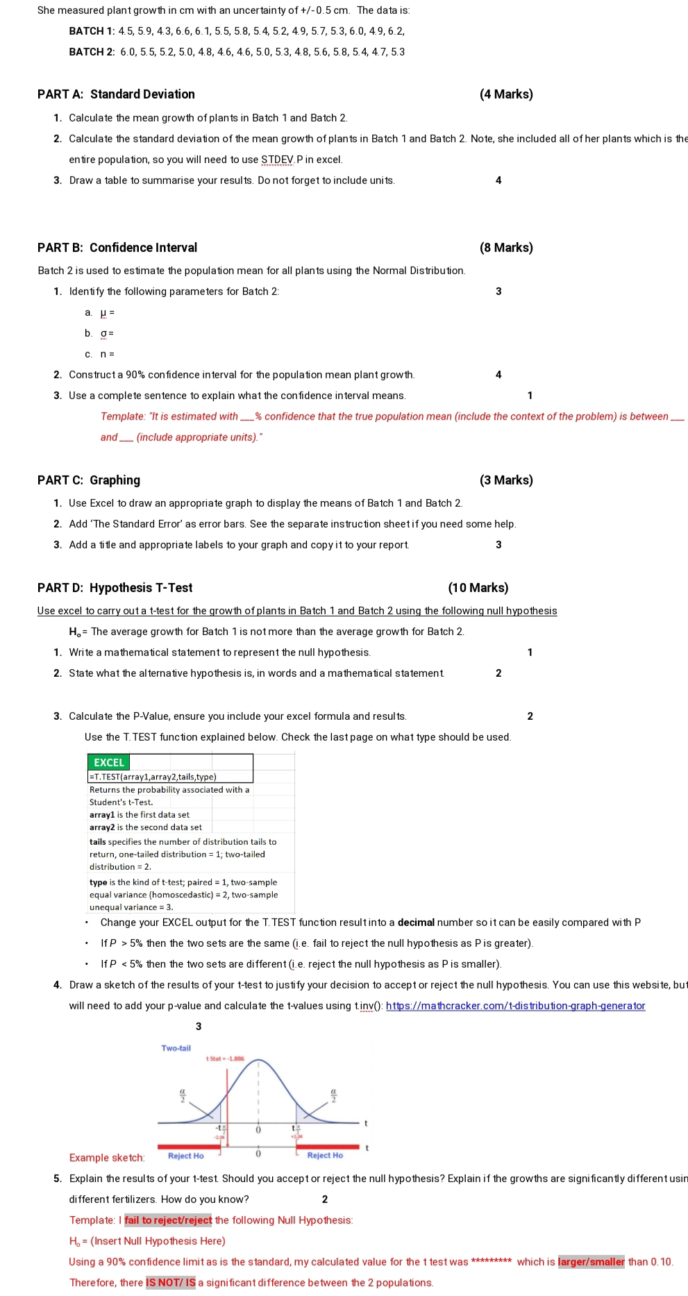 plz include full working outs and excel formulas She measured plant growth