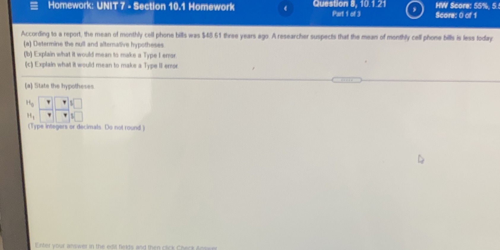  Homework: UNIT 7 . Section 10.1 Homework Question 8, 10.1.21 HW