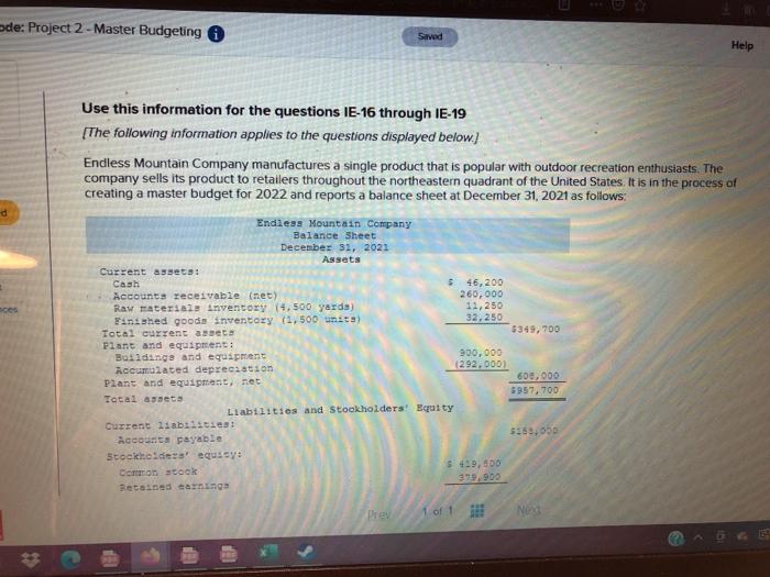  ede: Project 2 - Master Budgeting Saved Help Use this information