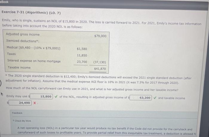  Book Exercise 7-31 (Algorithmic) (LO. 7) Emily, who is single, sustains