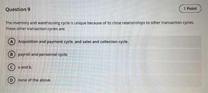  Question 9 1 Point The inventory and warehousing cycle is unique
