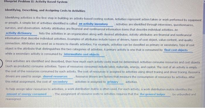  Blueprint Problem 11: Activity Based System Identifying, Describing, and Assigning Costs