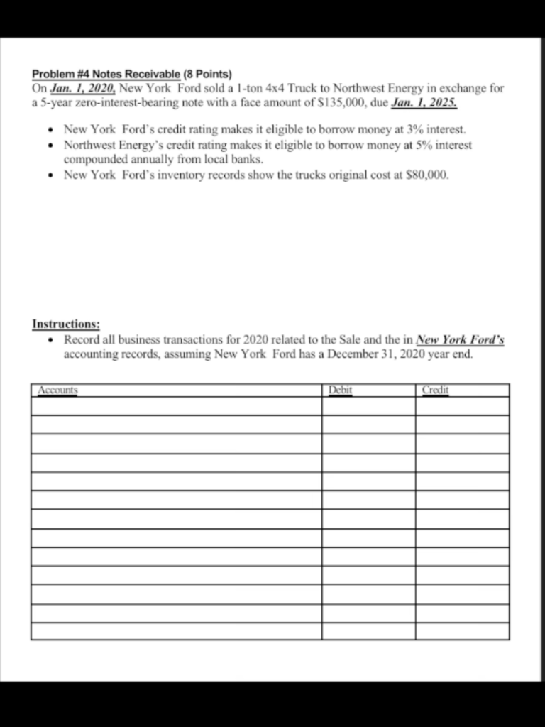 Problem #4 Notes Receivable (8 Points) On Jan. 1, 2020, New