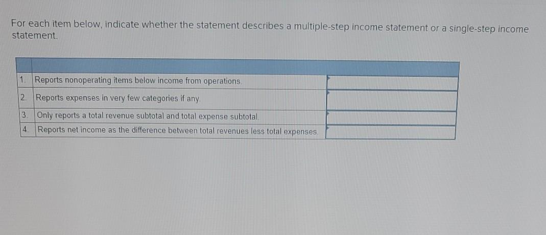  For each item below, indicate whether the statement describes a multiple-step