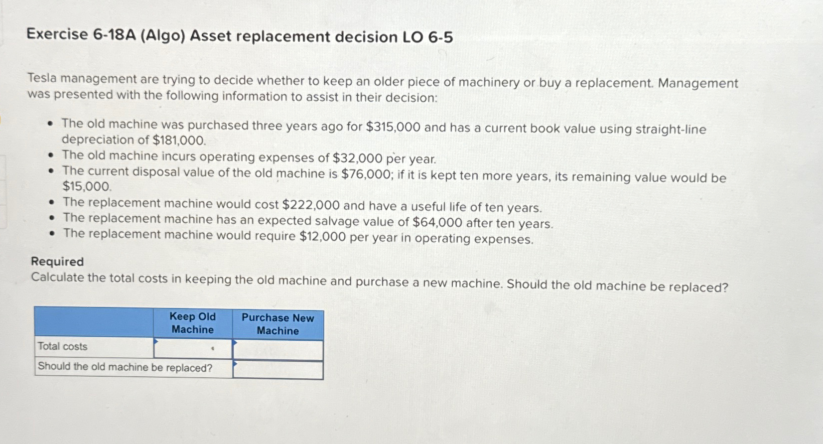  Exercise 6-18A (Algo) Asset replacement decision LO 6-5 Tesla management are