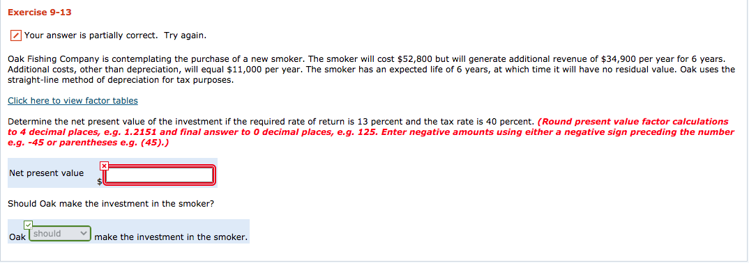  Exercise 9-13 Your answer is partially correct. Try again. Oak Fishing