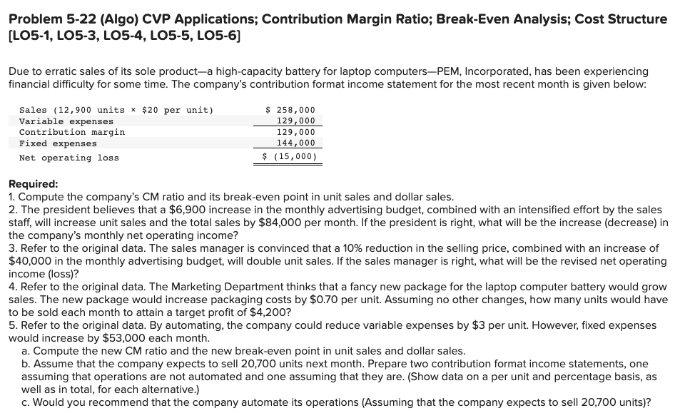  Problem 5-22 (Algo) CVP Applications; Contribution Margin Ratio; Break-Even Analysis; Cost