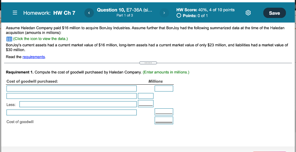  = Homework: HW Ch 7 Question 10, E7-36A (si... Part 1