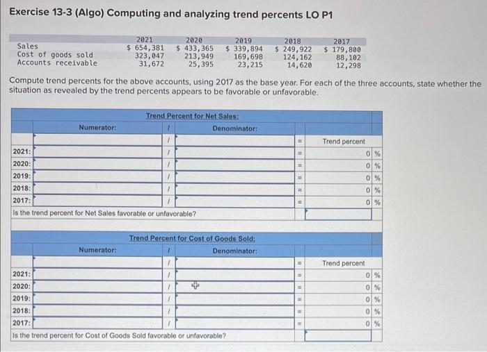  Exercise 13-3 (Algo) Computing and analyzing trend percents LO P1 Compute