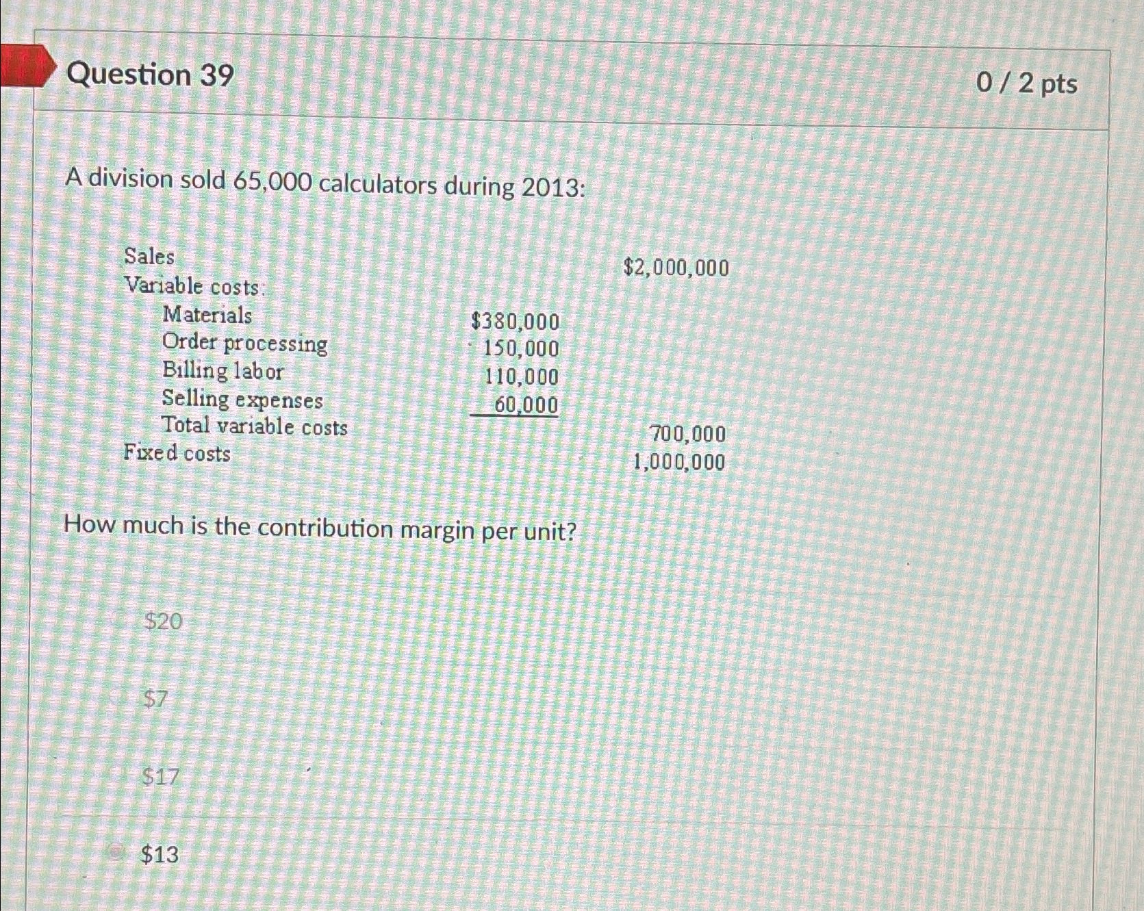  Question 39 02 pts A division sold 65,000 calculators during 2013: