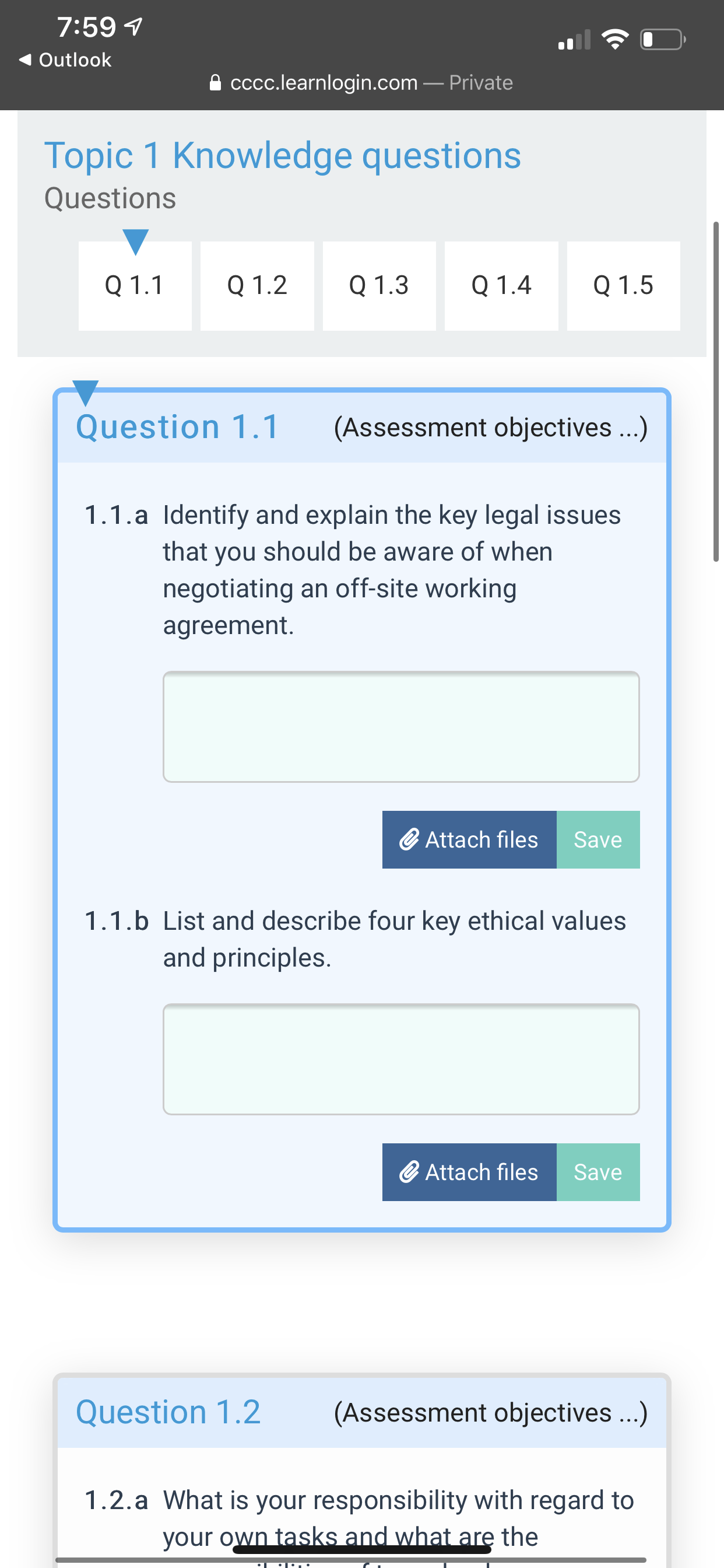 answer for below 7:59 7 Outlook A cccc.learnlogin.com - Private Topic 1