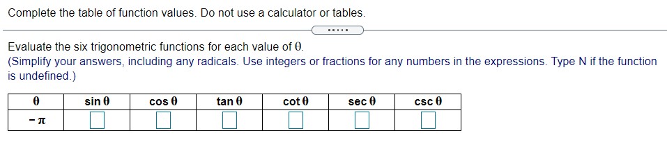  Complete the table of function values. Do not use a calculator