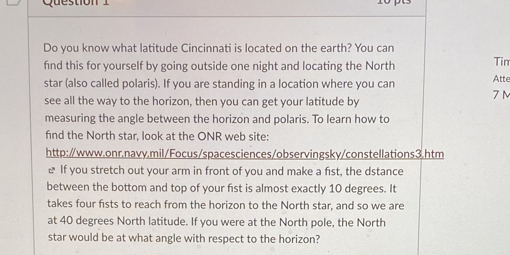  Question 1 Do you know what latitude Cincinnati is located on