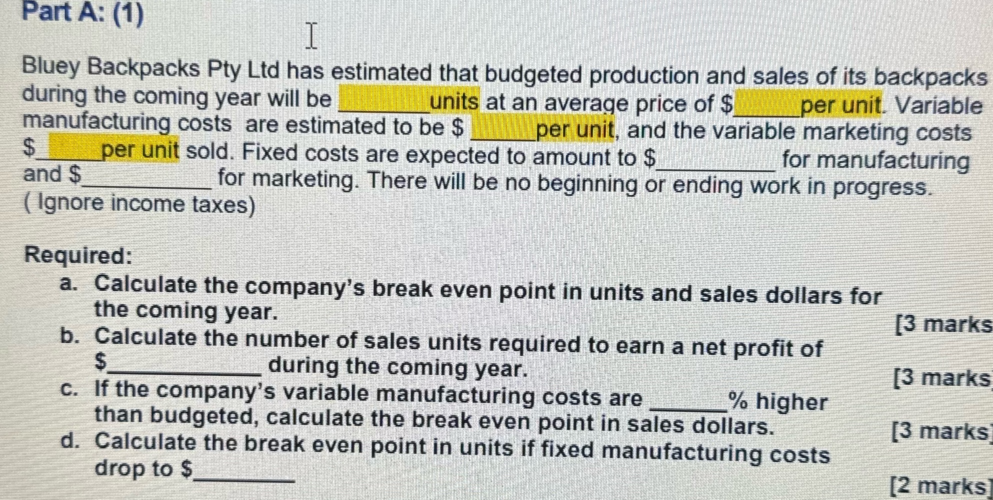 Please fill the amount by yourself and help me to solve Part