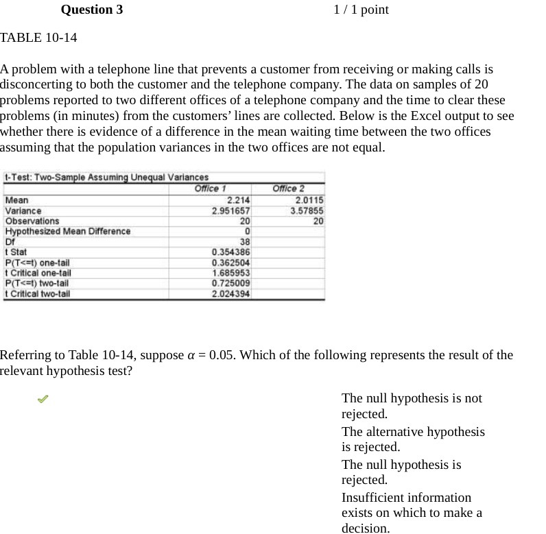  Question 3 1 / 1 point TABLE 10-14 A problem with