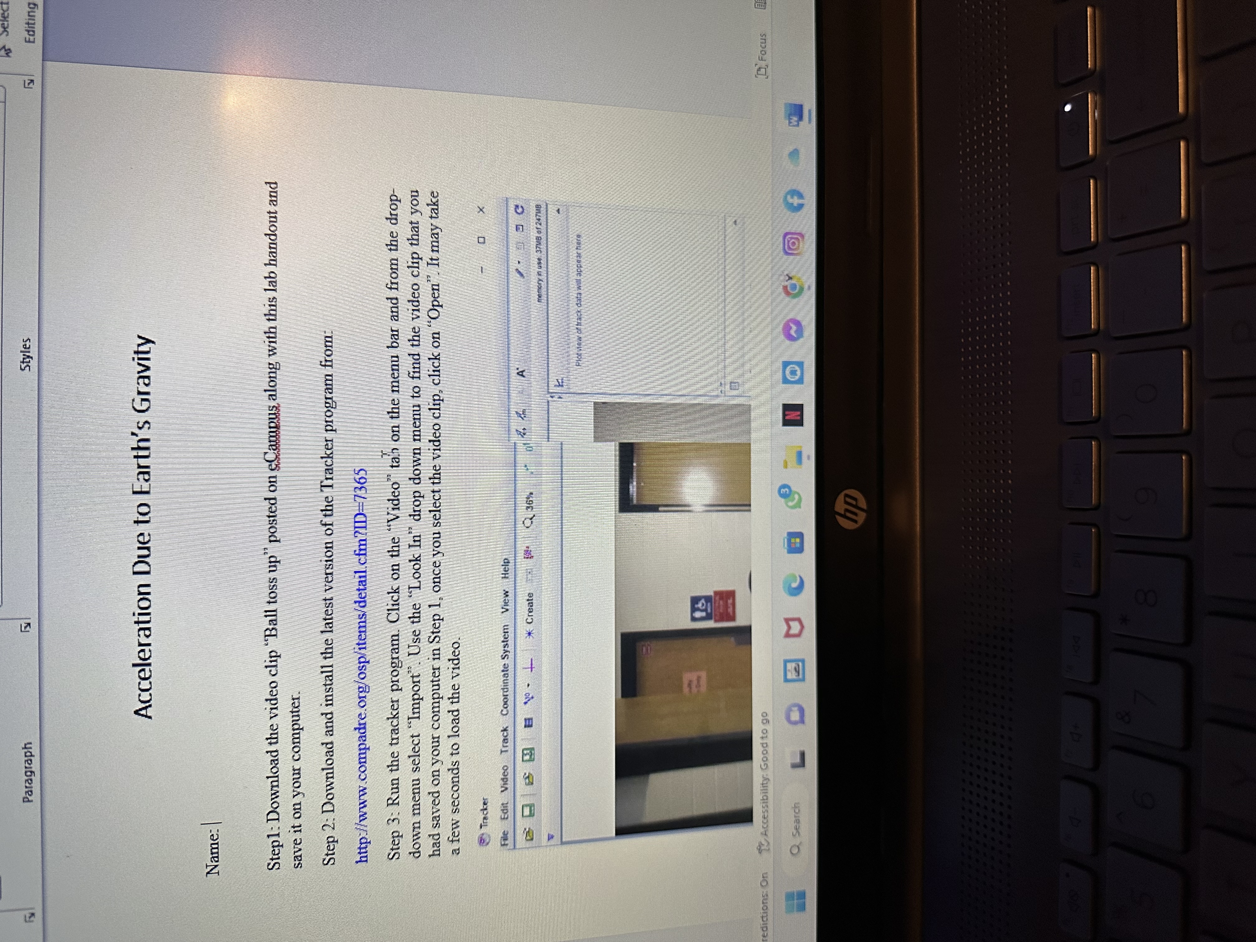 Paragraph Styles Fy Editing Acceleration Due to Earth's Gravity Name: Step