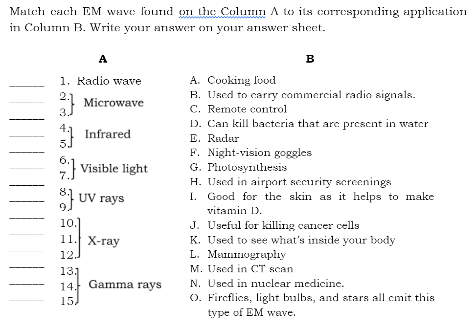 Match each EM wave found on the Column A to its