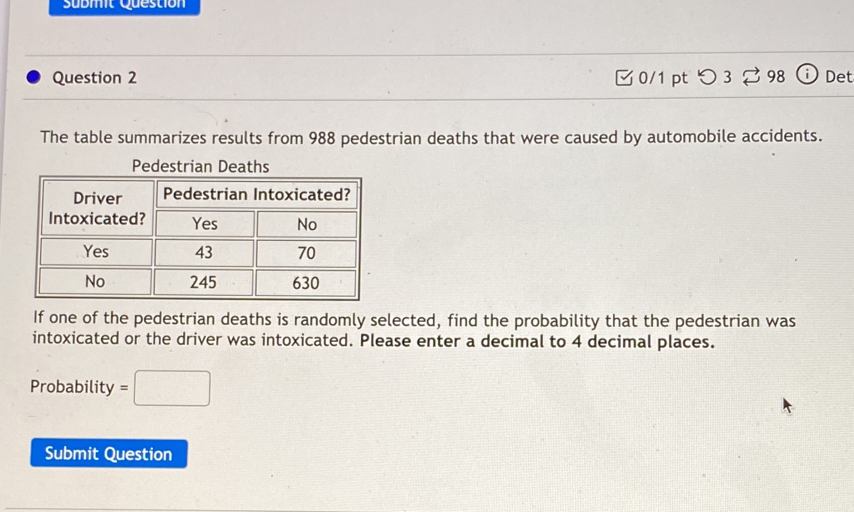 Submit Question Question 2 0/1 pt 9 3 98 0 Det