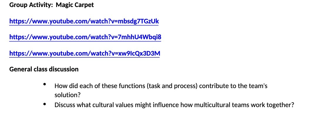 Group Activity: Magic Carpet https://www.youtube.com/watch?v=mbsdg7TGzUk https://www.youtube.com/watch?v=7mhhU4Wbqi8 https://www.youtube.com/watch?v=xw9lcQx3D3M General class discussion How