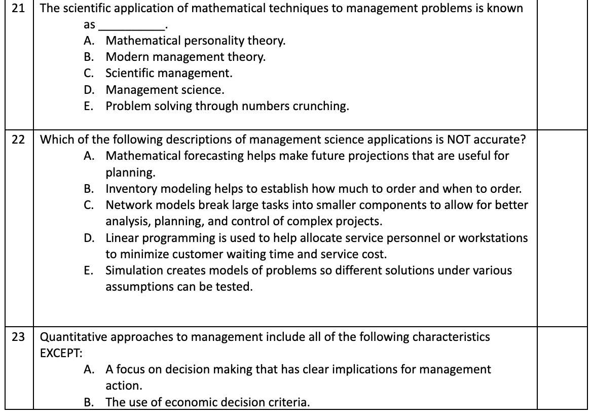 Management science refers to the scientific application of mathematical techniques to management