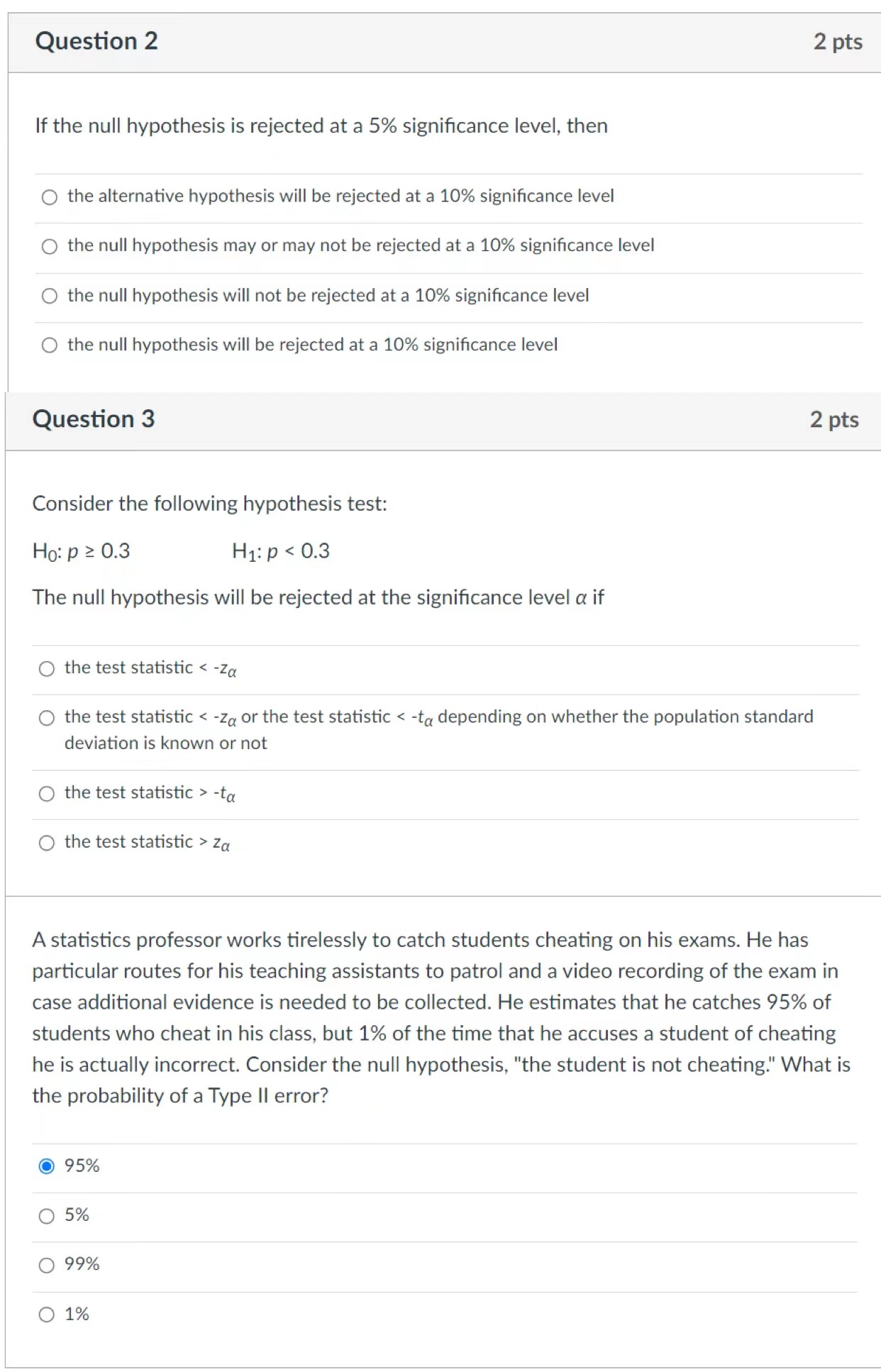  Question 2 2 pts If the null hypothesis is rejected at