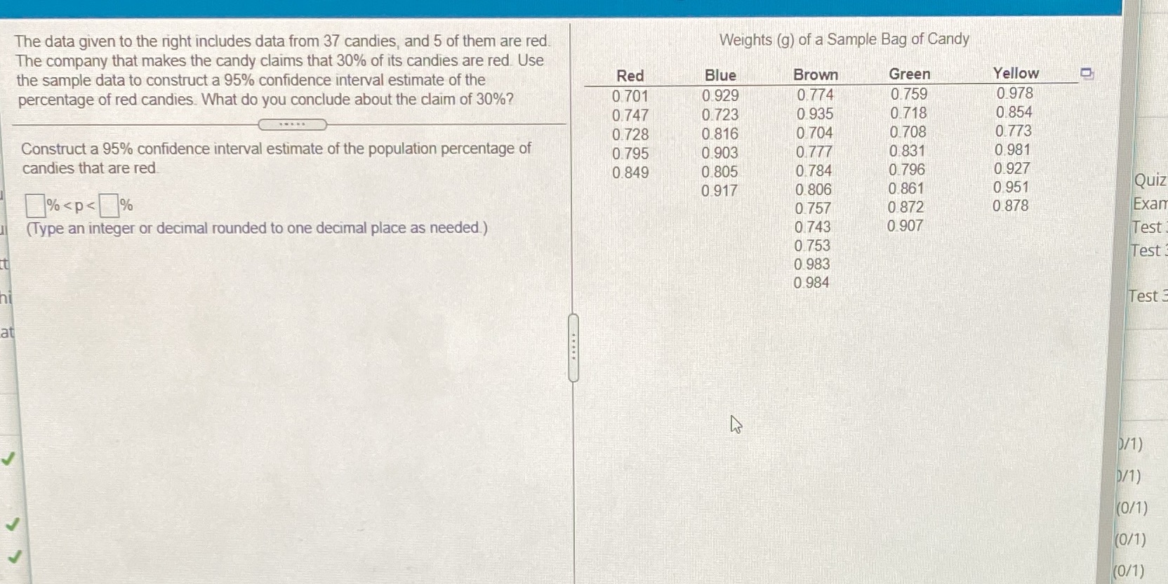  The data given to the right includes data from 37 candies,