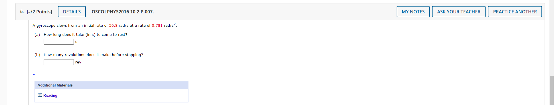  5. [-/2 Points] DETAILS OSCOLPHYS2016 10.2.P.007. MY NOTES ASK YOUR TEACHER