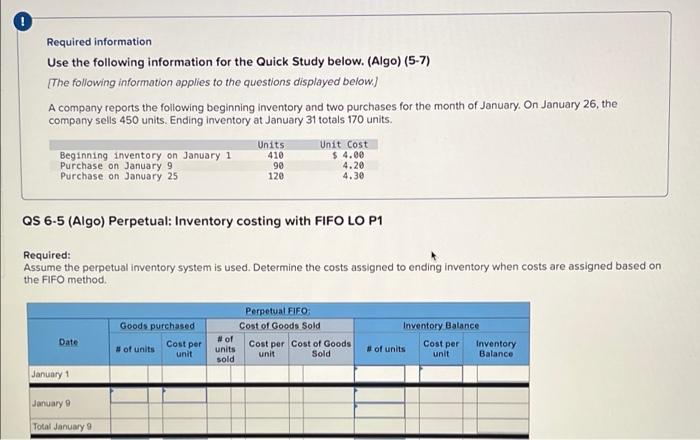  Required information Use the following information for the Quick Study below.