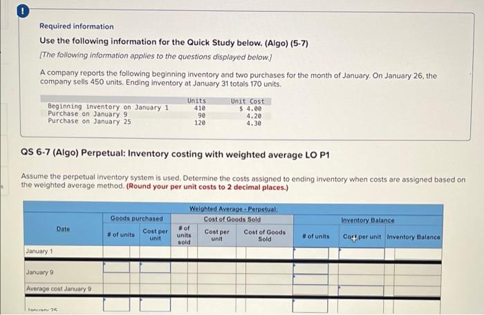  Required information Use the following information for the Quick Study below.