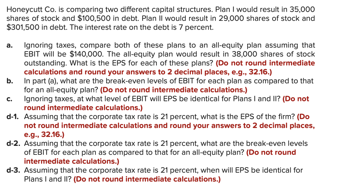 Honeycutt Co. is comparing two different capital structures. Plan I would