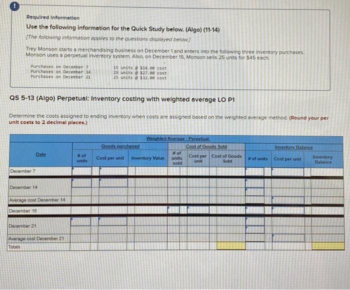  Required Information Use the following information for the Quick Study below.