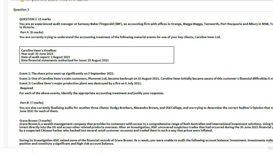 Question 3 QUESTION 3 15 marks You are an experienced audit