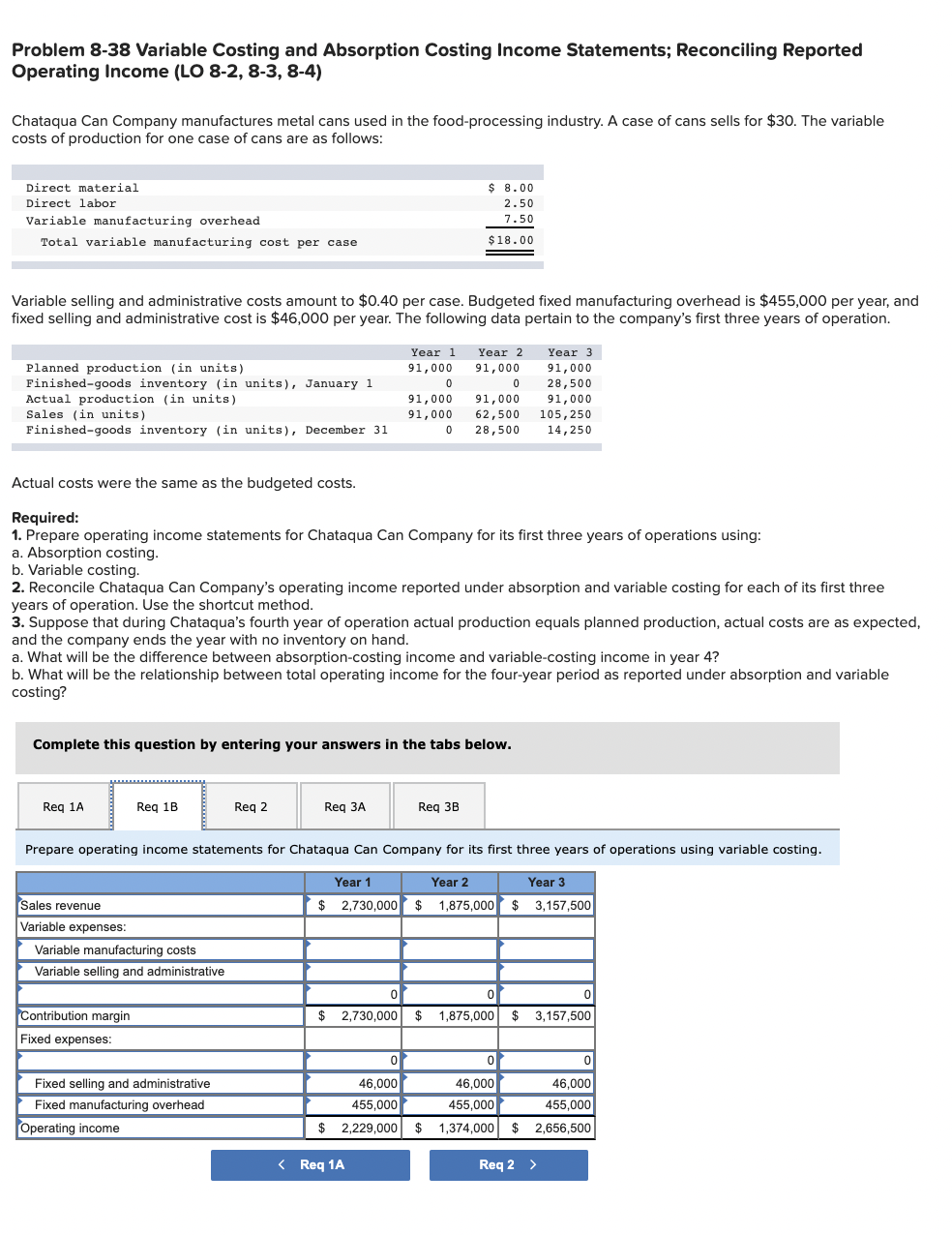 Problem 8-38 Variable Costing and Absorption Costing Income Statements; Reconciling Reported
