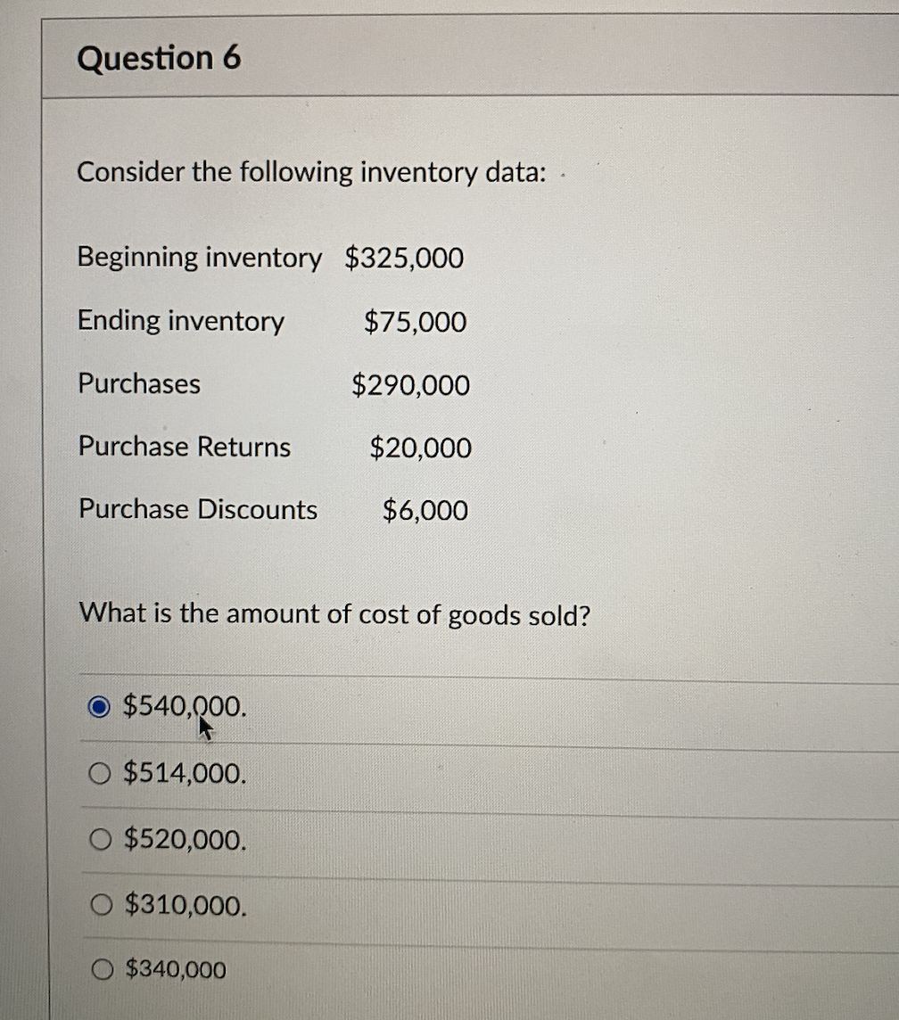  Question 6 Consider the following inventory data: Beginning inventory $325,000 Ending