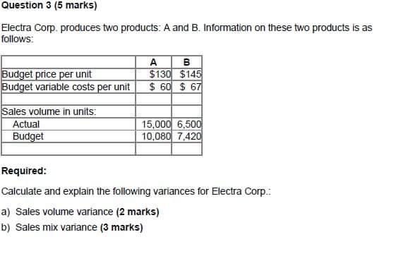 Question 3 (5 marks) Electra Corp. produces two products: A and