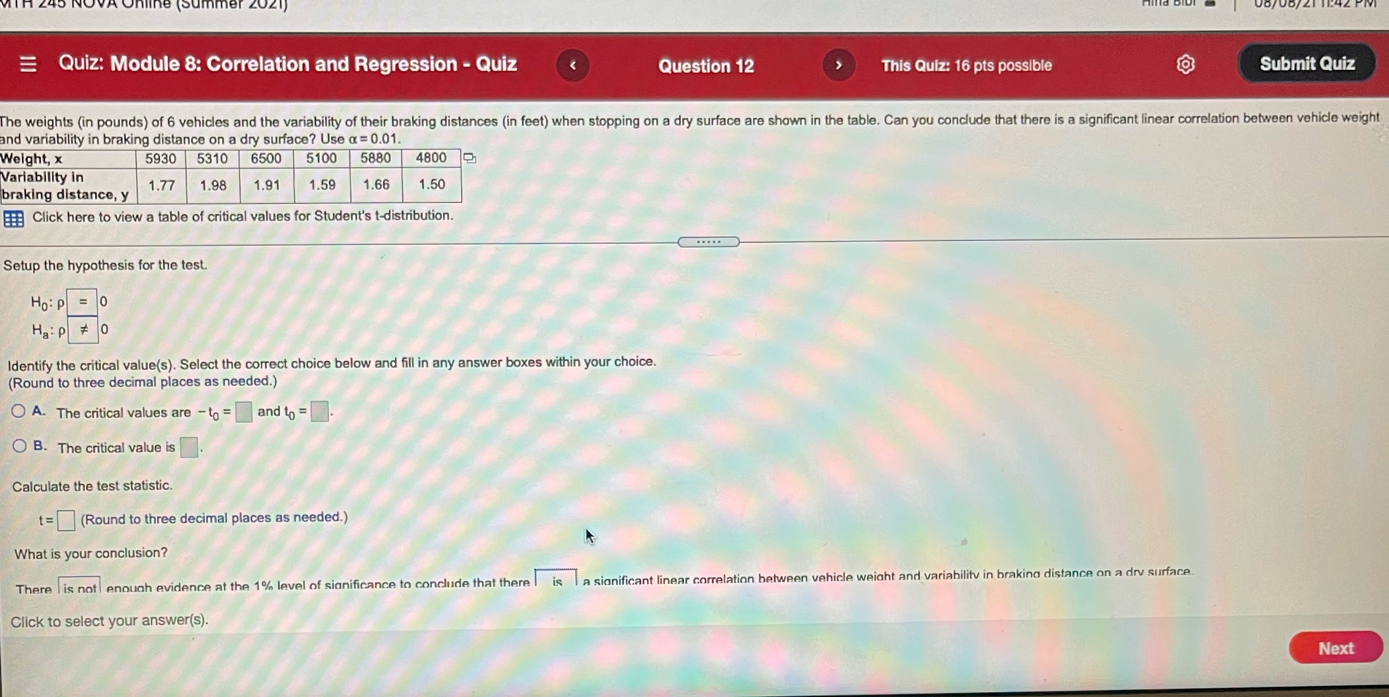  Quiz: Module 8: Correlation and Regression - Quiz Question 12 This