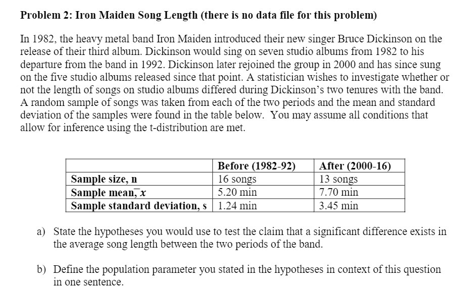 Problem 2: Iron Maiden Song Length (there is no data file