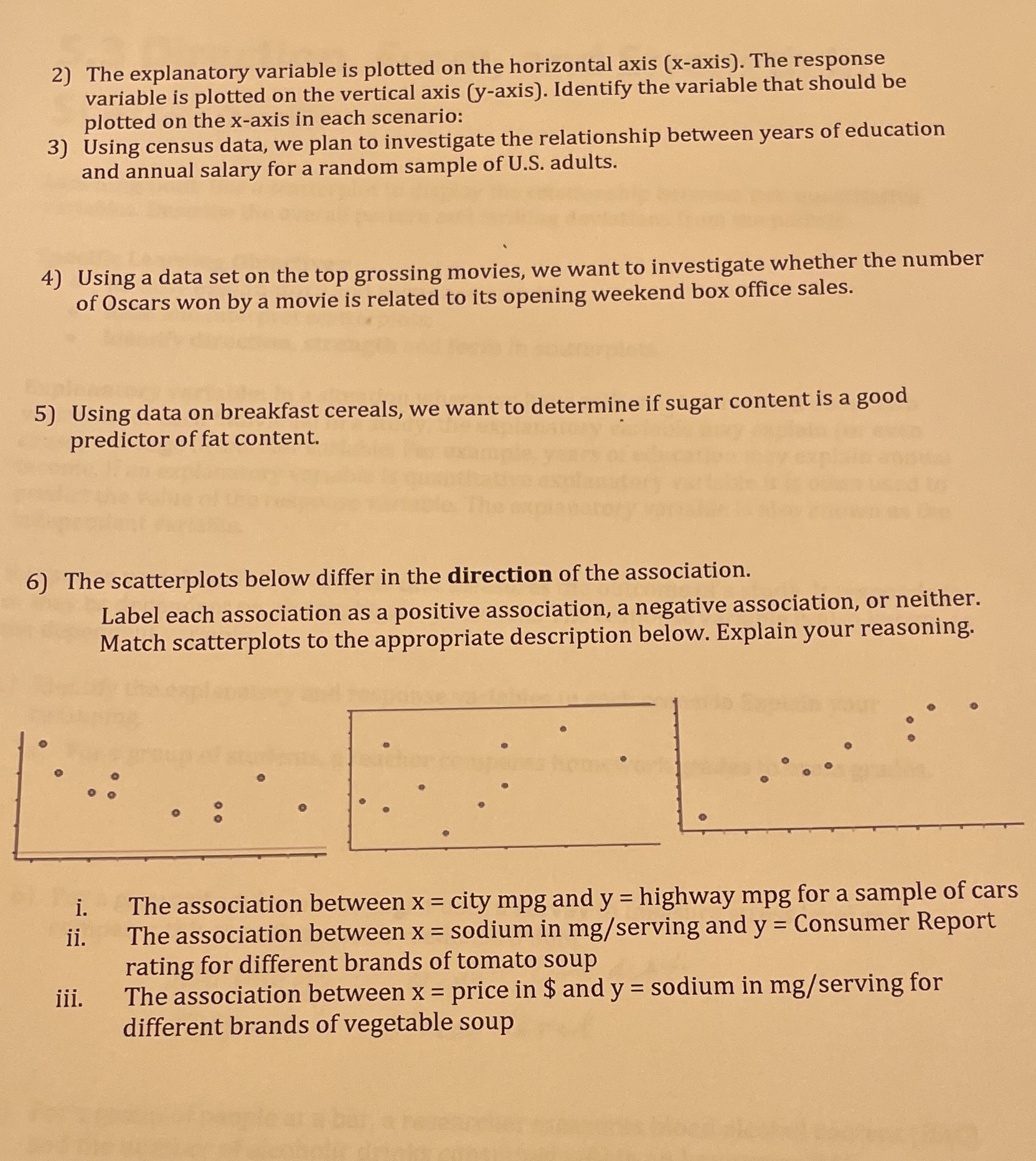  2) The explanatory variable is plotted on the horizontal axis (x-axis).