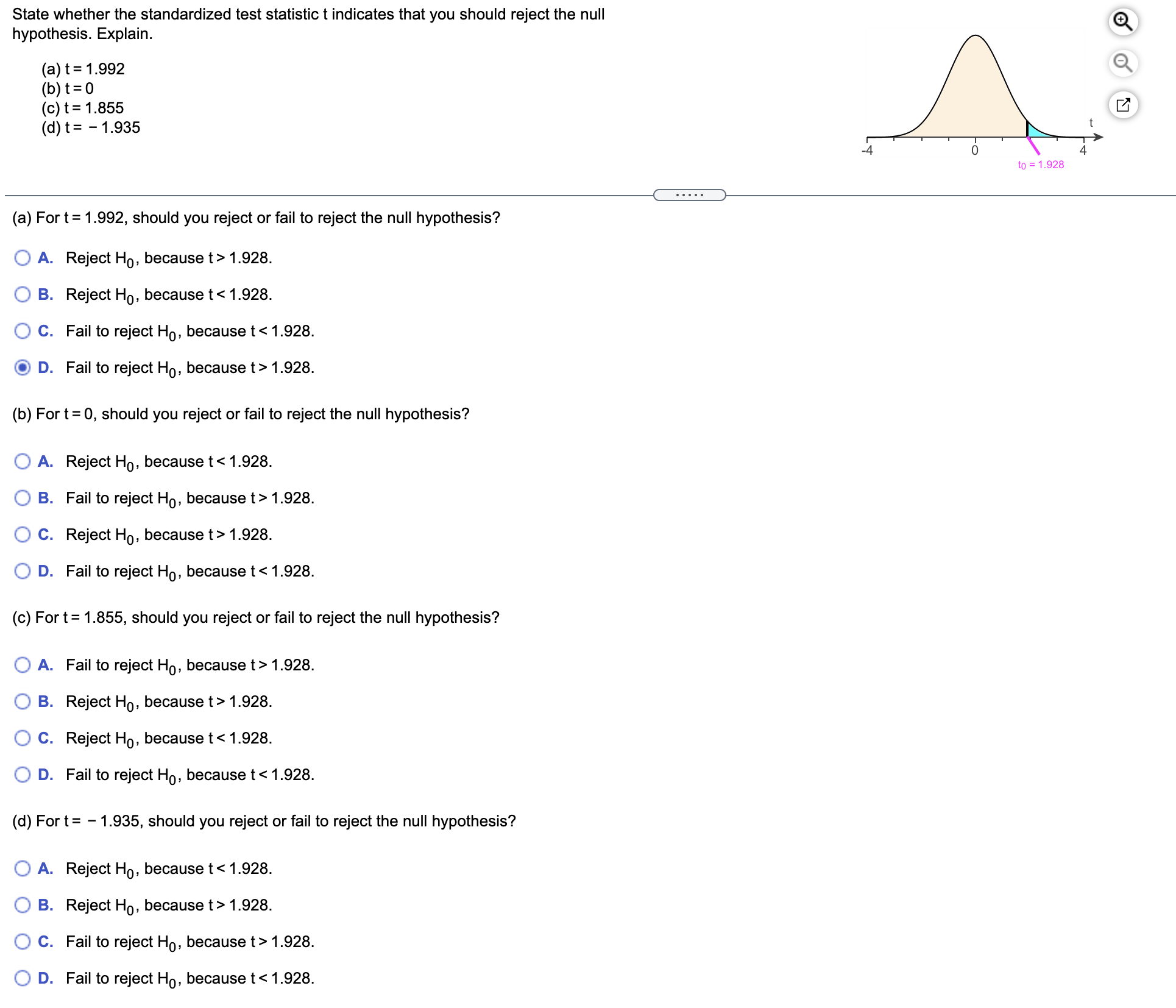  State whether the standardized test statistic t indicates that you should