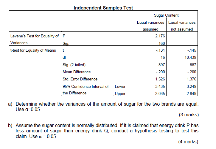 compare the average amount of sugar contents for two brands of energy