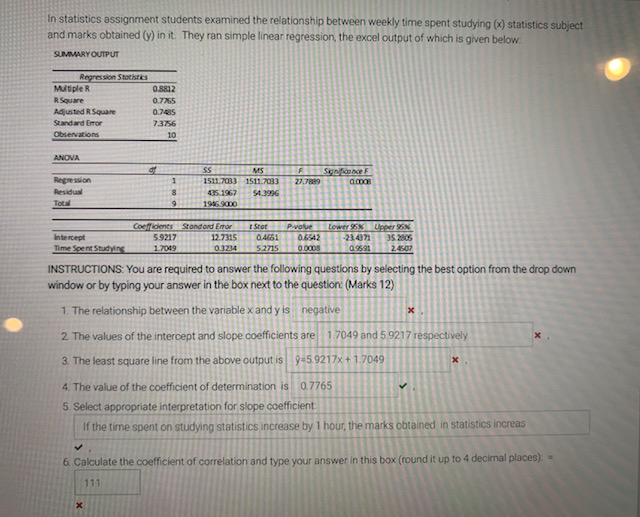 In statistics assignment students examined the relationship between weekly time spent