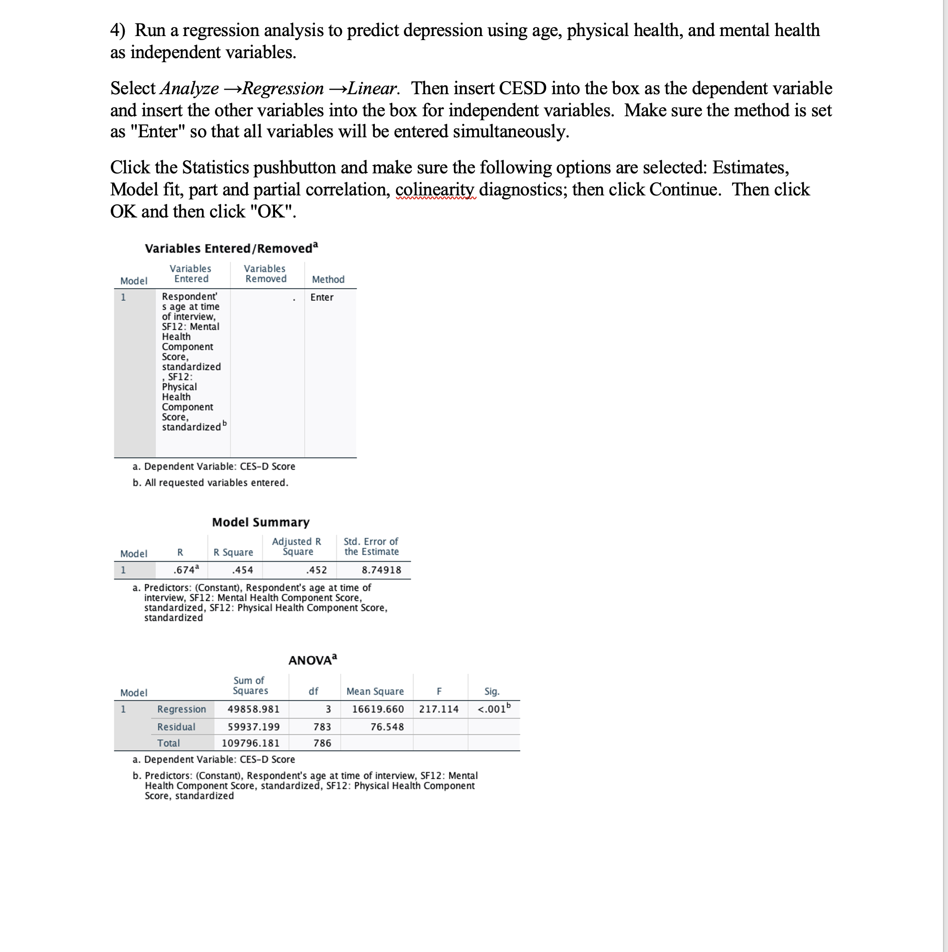  4) Run a regression analysis to predict depression using age, physical