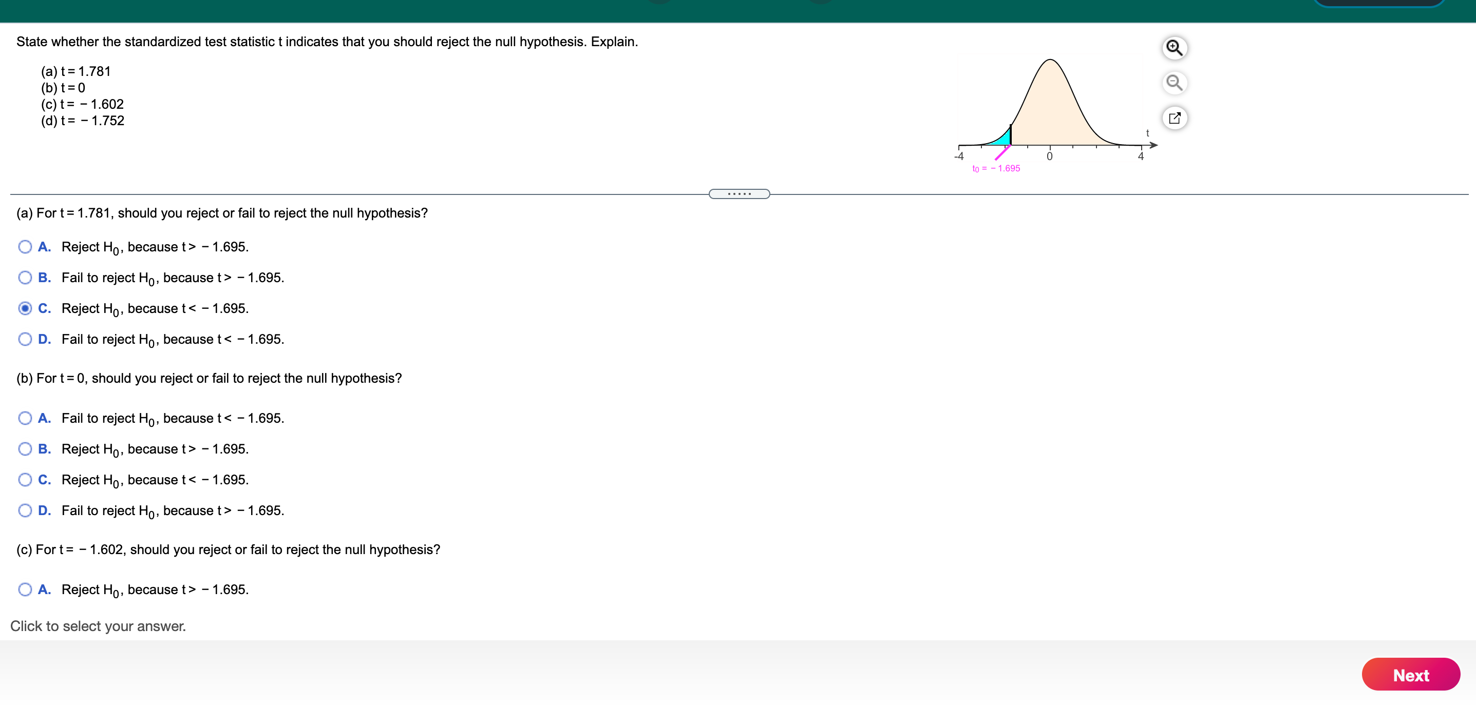 State whether the standardized test statistic t indicates that you should