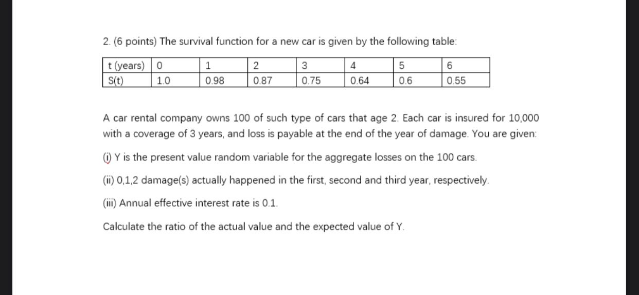 I need help with this question 2. (6 points) The survival function