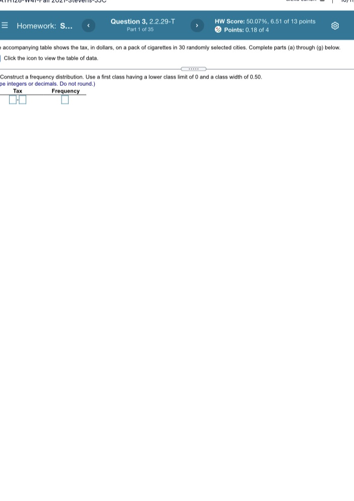 I need help with the chart E Homework: S... Question 3, 2.2.29-T