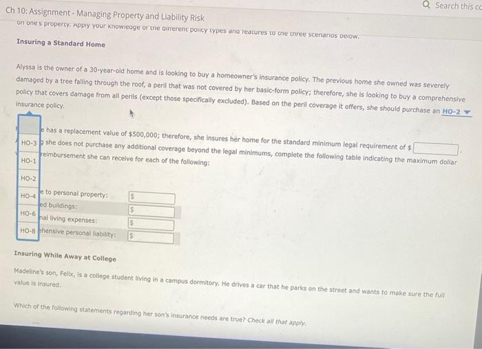  Ch 10: Assignment - Managing Property and Liability Risk on one