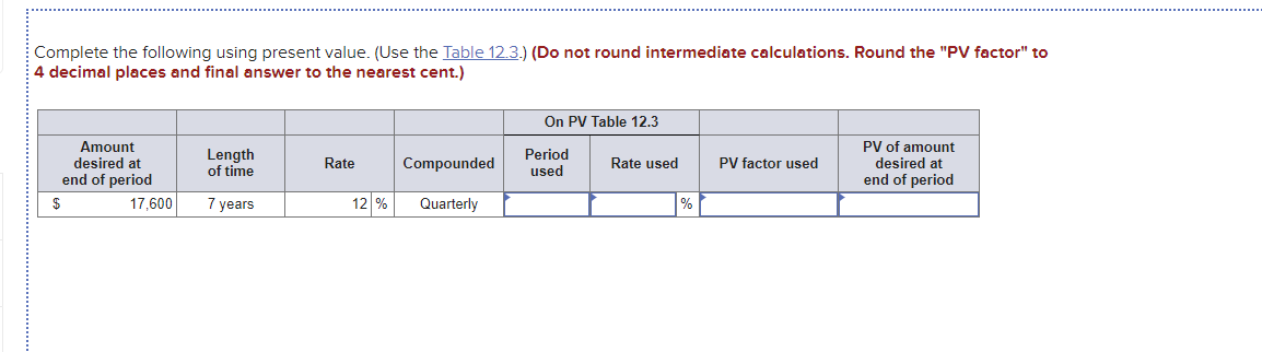  Complete the following using present value. (Use the Table 12.3.) (Do