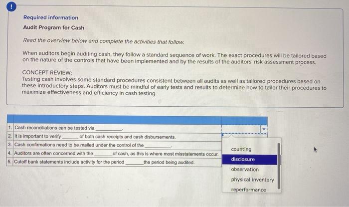  Required information Audit Program for Cash Read the overview below and